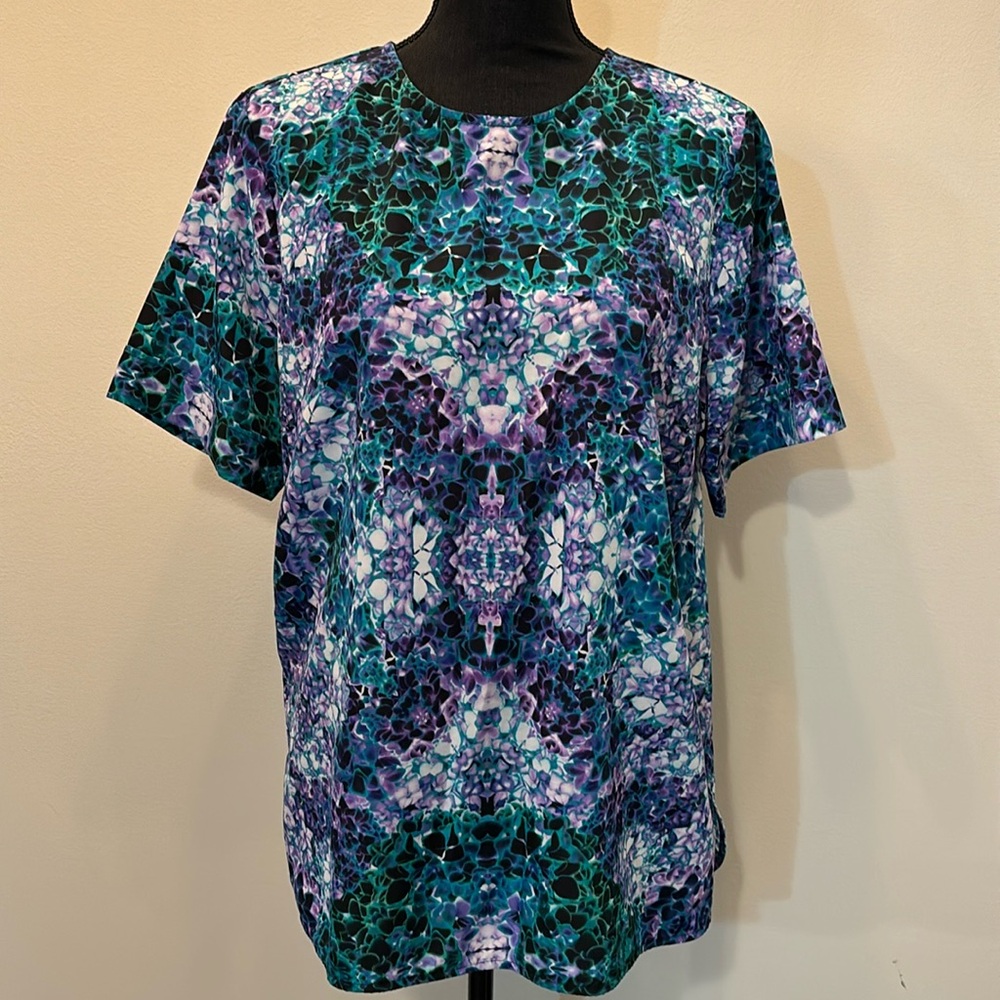 Liz Claiborne Teal Blue Purple Mosaic Print Short Sleeve Blouse